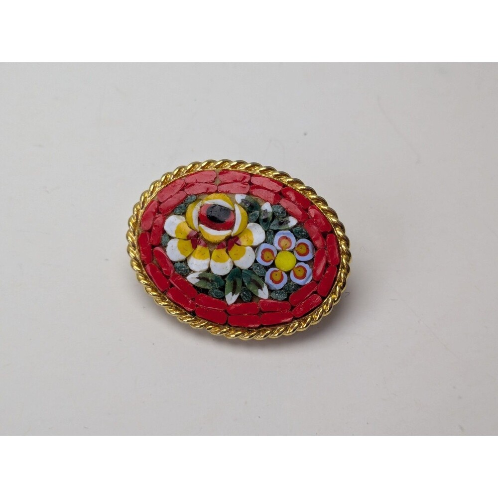 Vintage Floral Micro Mosaic Gold Tone Brooch